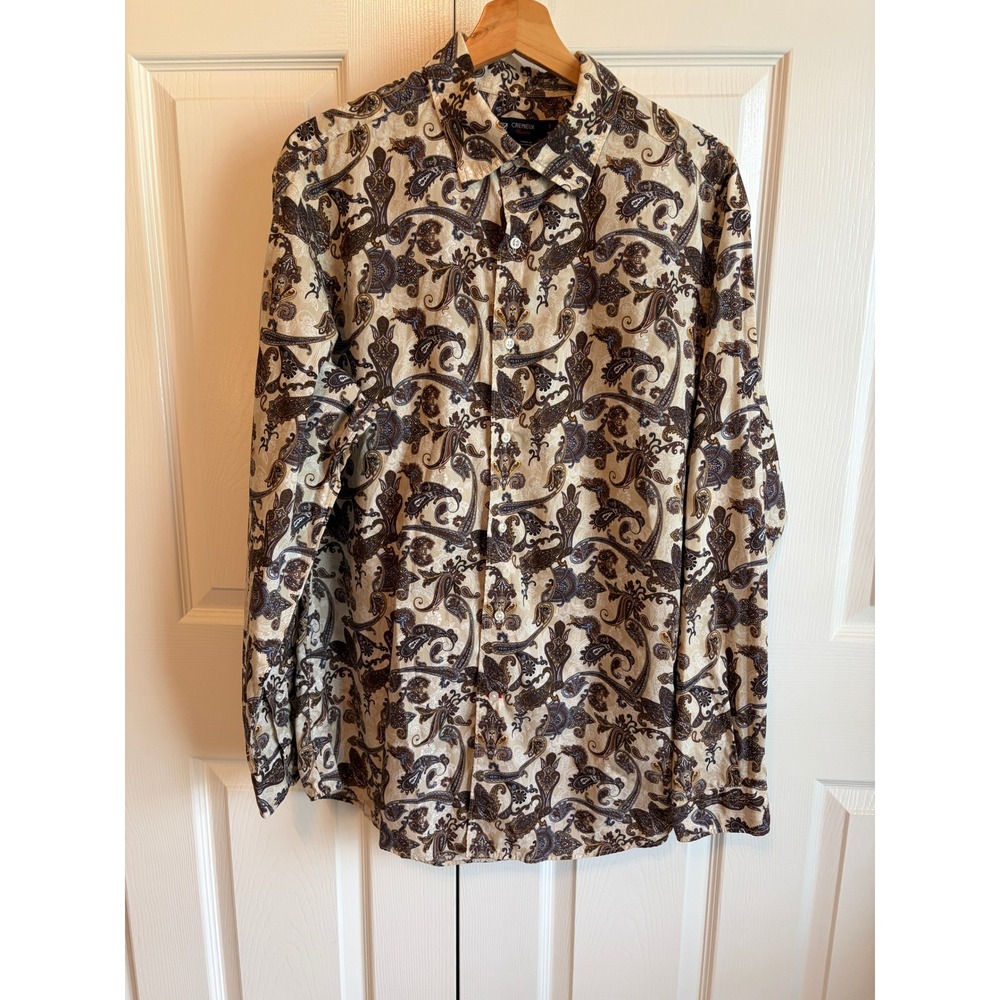 Cremieux Classics Mens Large Paisley Button Down Shirt Tan Brown Cotton L